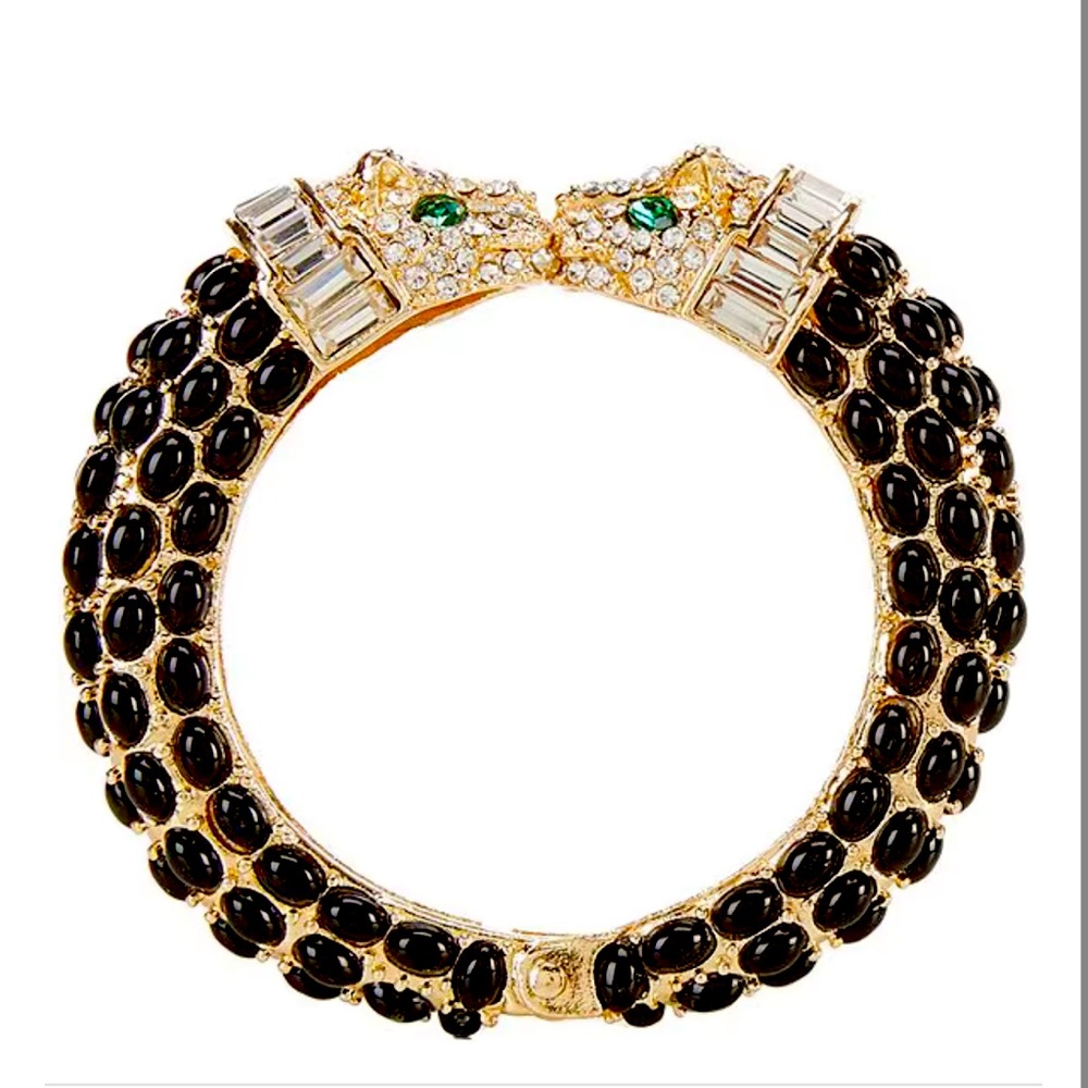 NEW NATASHA DOUBLE CHEETAH HEAD BANGLE CRYSTAL/GREEN RHINESTONES